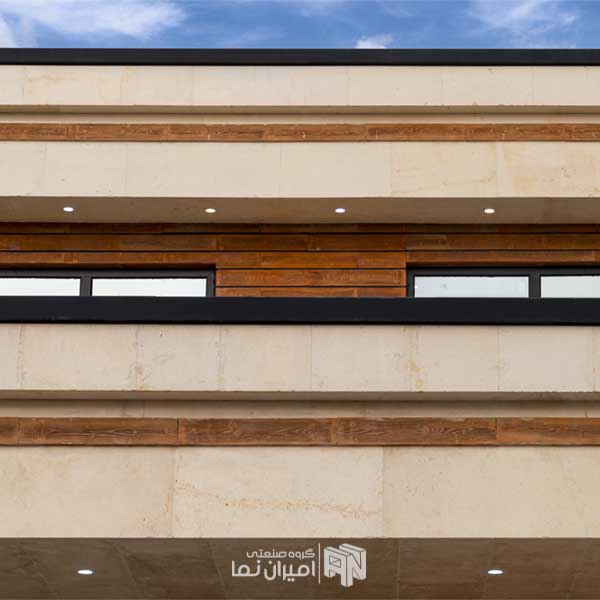 نمای تلفیقی ساختمان با ترکیب سنگ سفید و آجر طرح چوب رنگ قهوه ای روشن