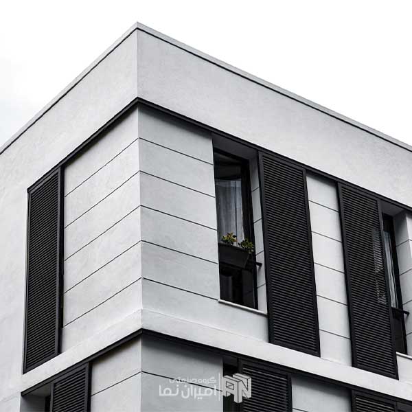 نمای سیمانی سفید با طرح پنجره ای سیاه 2023