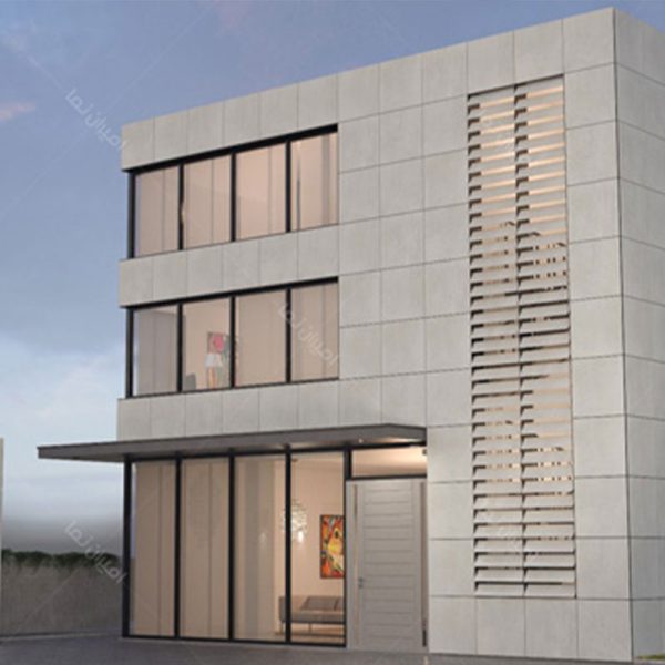 طراحی نمای ساختمان با سرامیک سفید و پنجره های شیشه ای و دور مشکی