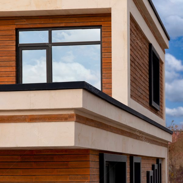 نمونه پروژه و عکس نمای ساختمان دو طبقه با آجر طرح چوب (نمای چوب) با پنجره دو جداره