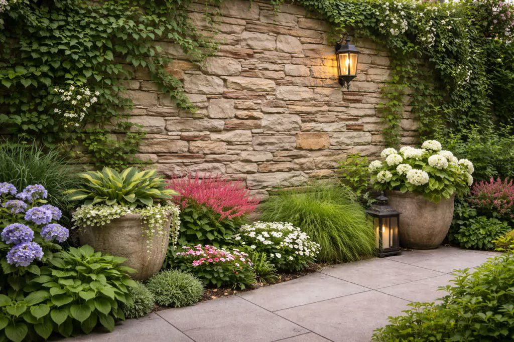 دیوار باغ با آجر صخره‌ ای و نورپردازی