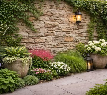 دیوار باغ با آجر صخره‌ ای و نورپردازی