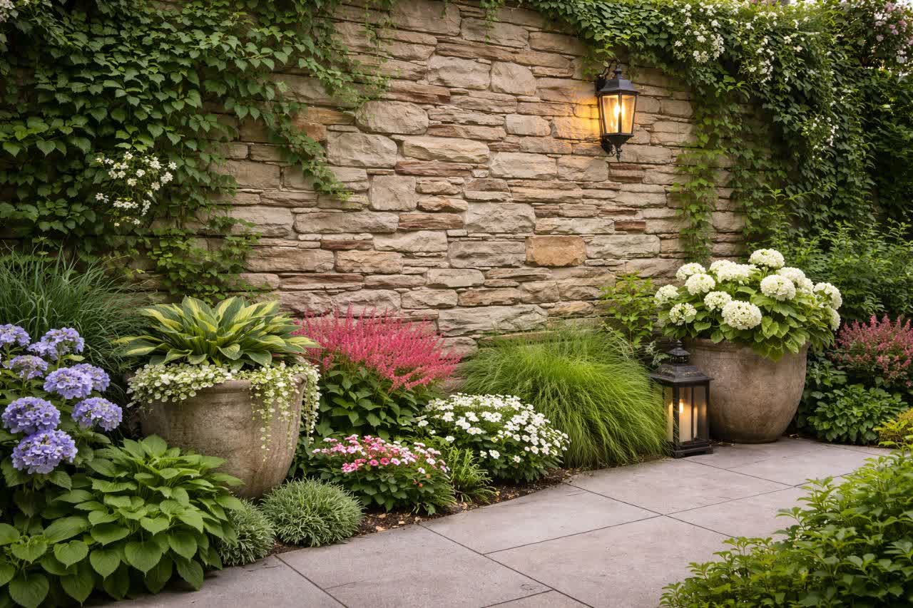 آجر نما | قیمت آجر نما 20 دیوار باغ با آجر صخره ای و نورپردازی